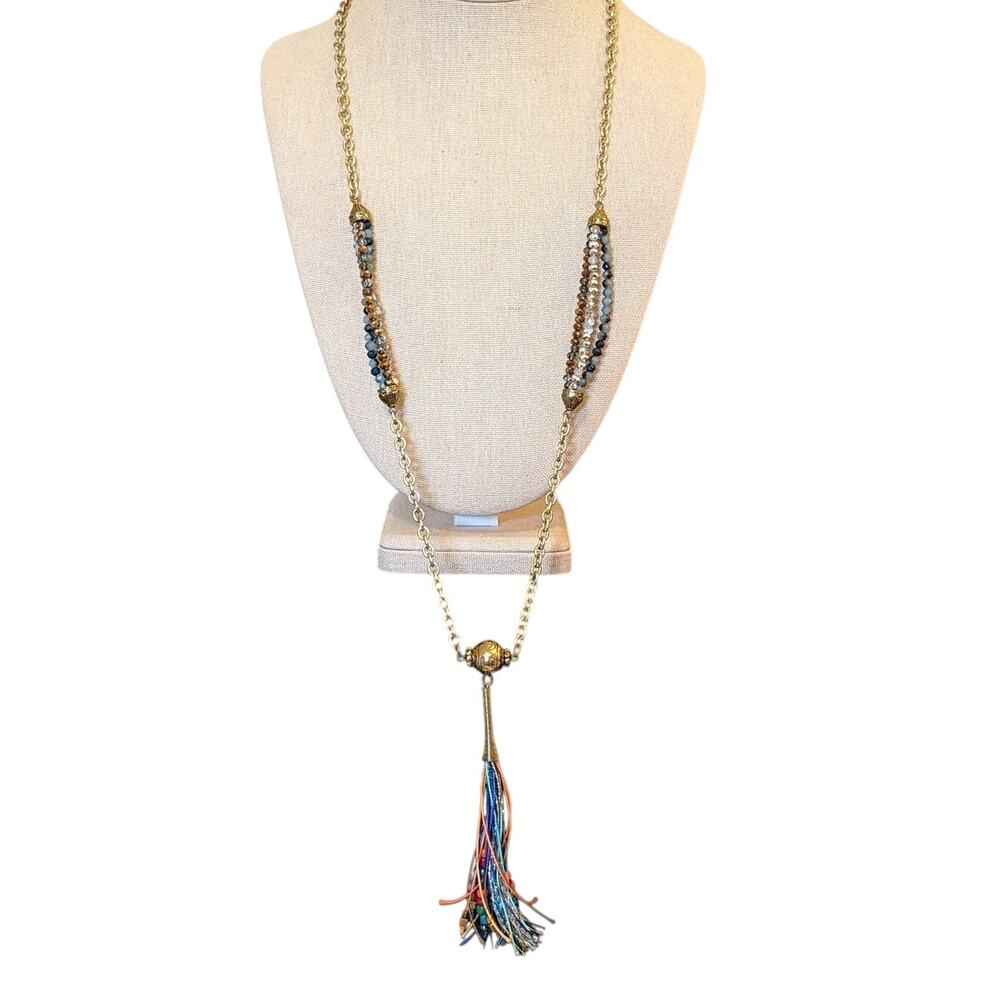 Gold Tone Beaded Multi-Color Tassel 30" Chain Necklace